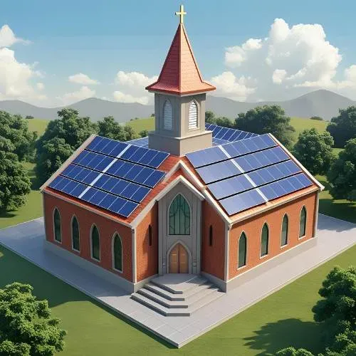 arial rendering of a church with solar panels installed